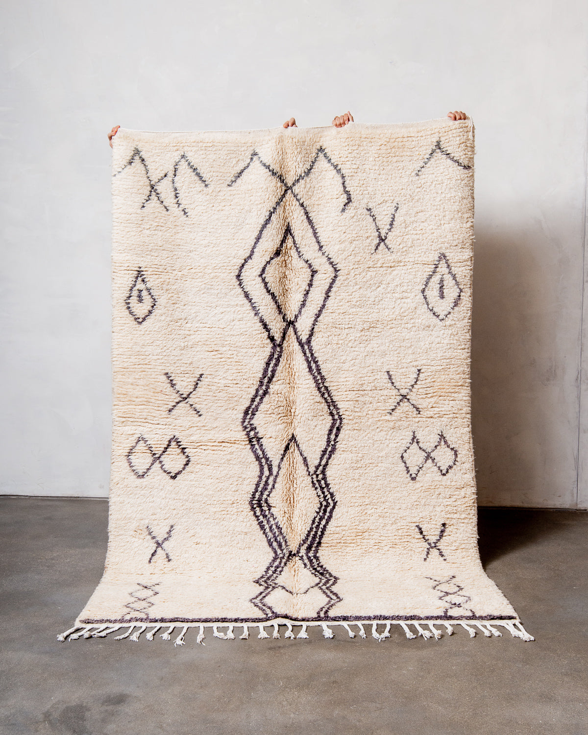 Modern, designer, handcrafted Berber rug from Morocco. Vintage carpet with beautiful colours and patterns and fluffy texture.